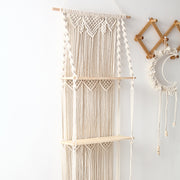 Close up image of macrame floating wall shelves