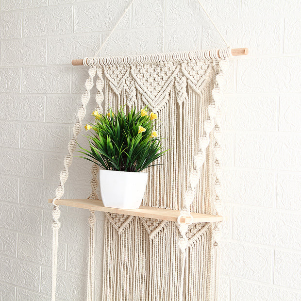 Macrame floating wall shelves close up image 