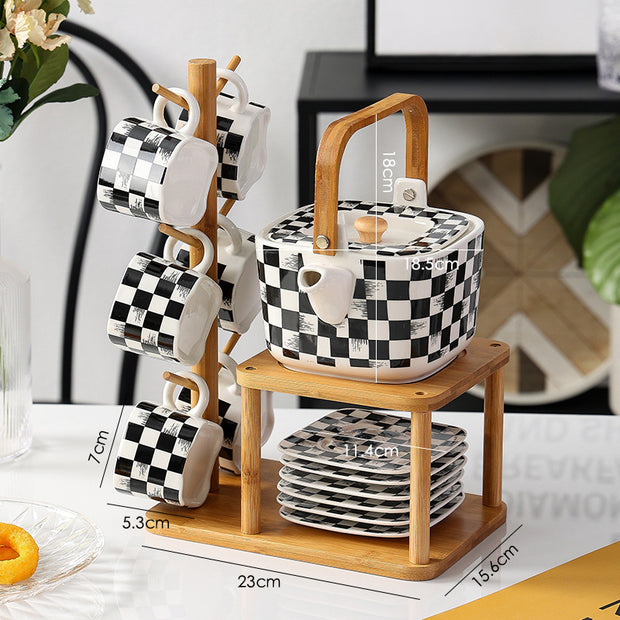 Northern Checkered Teapot Set with Bamboo Rack