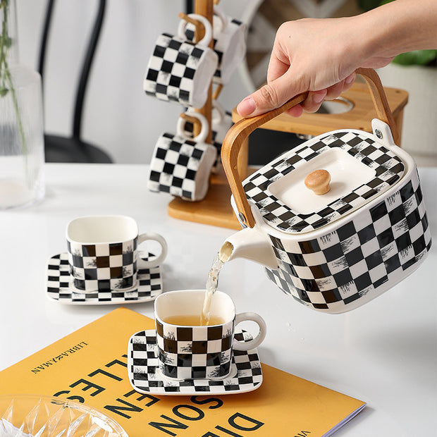 Northern Checkered Teapot Set with Bamboo Rack